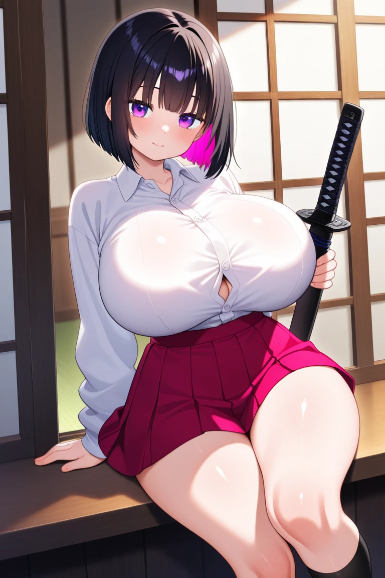 1 female、woman with very long black hair、Busty women、Large areola、Spectacular views、Night Scene、The view from the top of the hill、Full moon night sky、swirling starry sky、８K、Best Quality、The woman&#39;s whole body is in the photo、The woman is wearing a miniskirt and her crotch is visible.、Open neckline golf wear、Pink thong showing through、With a golf club、Sitting squatting、Floral embroidered bra