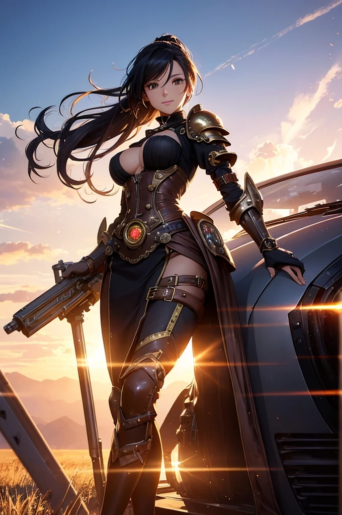 There's a sexy dark-skinned African woman powered by steam, avec de gros seins,Look royal,casque, Concept Art Steampunk, Vue sexzy du corps entier, volant,wojtek fus, steampunk digital art, Detailed illustration of Wild Steampunk, Portrait of a Mechanical Woman in Gold and Copper, art Steampunk, Style artistique Dieselpunk, Cyberpunk Steampunk, Style fantastique Steampunk, highly detailed digital art in 4k, Steampunk de science-fiction
