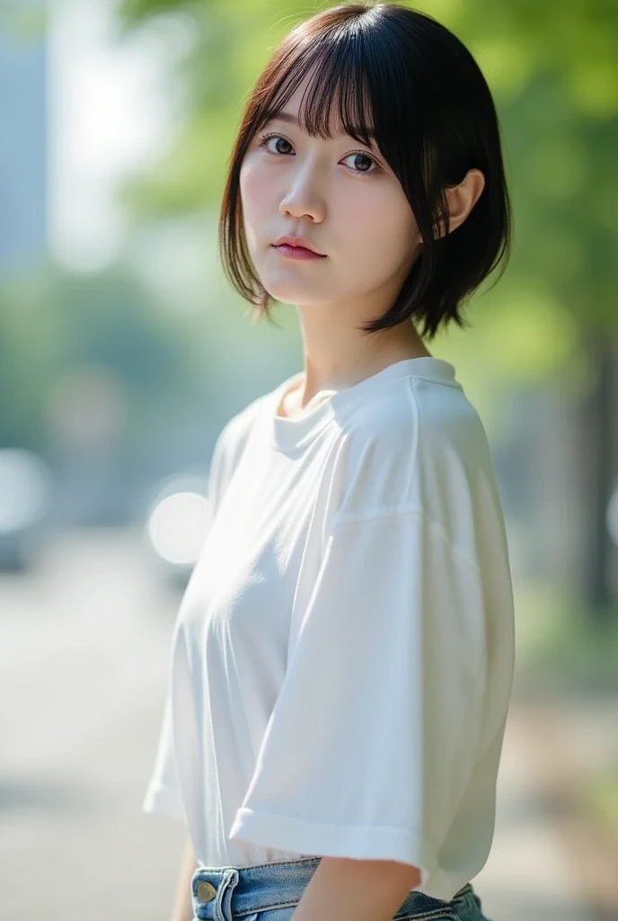 Realistic、masterpiece、Highest quality、Highest quality、8k、RAW Photos、Cinema Lighting、Very cute one、short hair、reduce hair volume、Background seen from the road、Upper Body、Photo of your face、profile、Eyes focus、Clothes to wear on a very hot day、Laughter、The depth of the written world、Wide Light、High Contrast、Shine、chromatic aberration、Sharp focus、Raw color photography