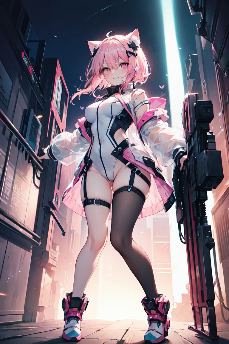 Masterpiece, Best quality, Night, full_Moon, Cityscape, In the cyberpunk city, Real, Huge_filesize, the wallpaper, Girl, Medium hair, Pink hair, Wavy hair, view the viewer, aqua eyes, Small breasts, serafuku, sailor suite, White pantyhose, Earrings, jewelry, pendant, All_all  fours, Undressing,