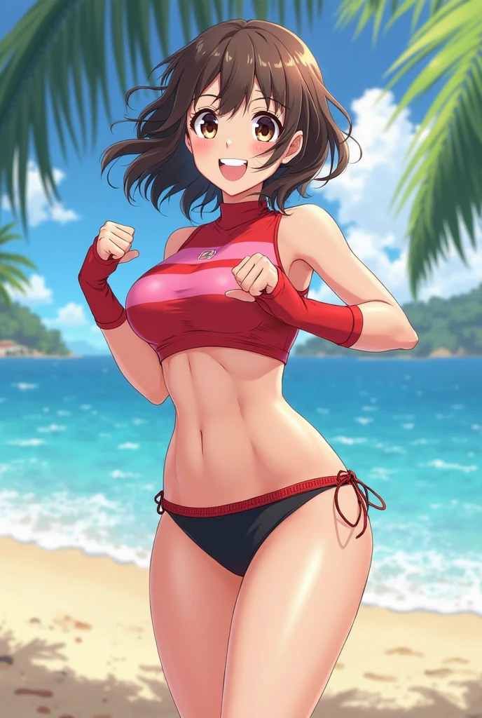アニメ,Suguha Kirigaya,Viewed from the front,(Highly detailed face),1female,ahegao:2open mouth,tongue out,crying,kneeling,short hair,(red micro bikini),breasts,covered nipples,slim body,slim waist,