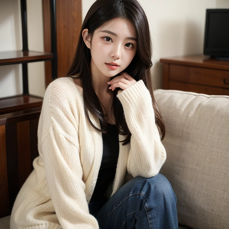 1 Girl,living room,Sitting on the sofa,Soft Light,Chinese Beauty,dress,Dark-haired,long hair,