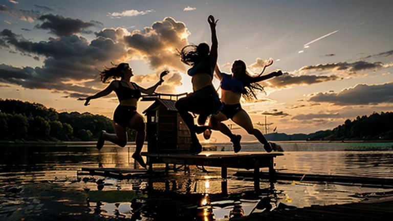 (White and vivid colors, exposed:1.2), (Legwear:-1), (Acutance:0.85), (Upward composition, Thongs:1.2), surfer girls (Flying, Jumping High:1.5), ((face variations)), { Navel | pretty Ass | Delicate lace knitted wear | (morning glowing) }, {  Oiled pearl skin with tanlines | Childish | Overflowing | Biomechanical HUGE and HEAVY boob } . BREAK (portrayed in the best quality and high resolution, ultra-detailed, realistic and (photorealistic:1.37) with a touch of rawness). { Volumetric (back lighting) | concept art | enhancing the overall visual impact }. { Whole Body proportions and all limbs are anatomically accurate | ((Gigantic Overflowing sideboob:1.25)) | (:d) | (Different types of hair colors) } .  Sky background with Sunrising (Above big wave)