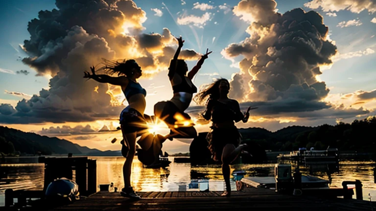 (White and vivid colors, exposed:1.2), (Legwear:-1), (Acutance:0.85), (Upward composition, Thongs:1.2), surfer girls (Flying, Jumping High:1.5), ((face variations)), { Navel | pretty Ass || Thongs | Delicate lace knitted wear | (morning glowing) }, {  Oiled pearl skin with tanlines | Childish | Overflowing | Biomechanical HUGE and HEAVY boob } . BREAK (portrayed in the best quality and high resolution, ultra-detailed, realistic and (photorealistic:1.37) with a touch of rawness). { Volumetric (back lighting) | concept art | enhancing the overall visual impact }. { Whole Body proportions and all limbs are anatomically accurate | ((Gigantic Overflowing sideboob:1.25)) | (:d) | (Different types of hair colors) } . Colorful Sky background with Sunrising (Above splashing big wave)