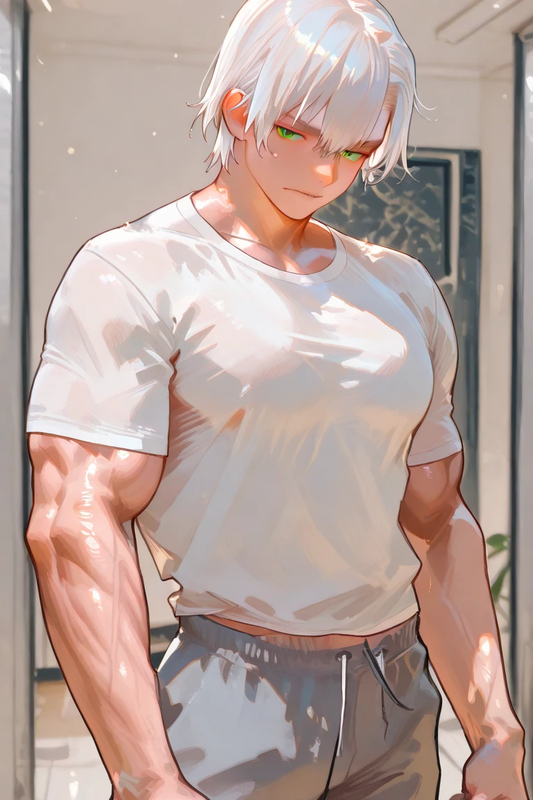 1 male, Japanese male model, high resolution 4k, adult, handsome, perfect face detail, detailed eyes and face, muscular, white eyebrow hair, white eyelashes, Naked torso, Detailed face, perfect face, real skin texture, detail Perfect hand, details, Real and complete hand details, unreal engine, hd picture, satoru gojo, Jujutsu kaisen, white hair, short hair ,hair between eyes ,blue eyes, white skin, wear glasses