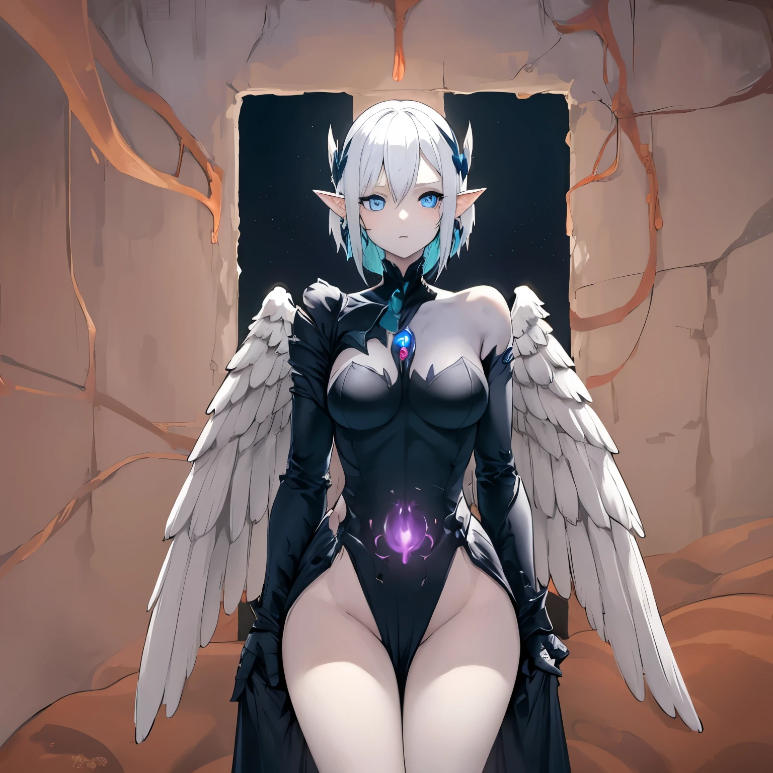 Female harpy, mind control device, white wings, blue eyes, small breasts