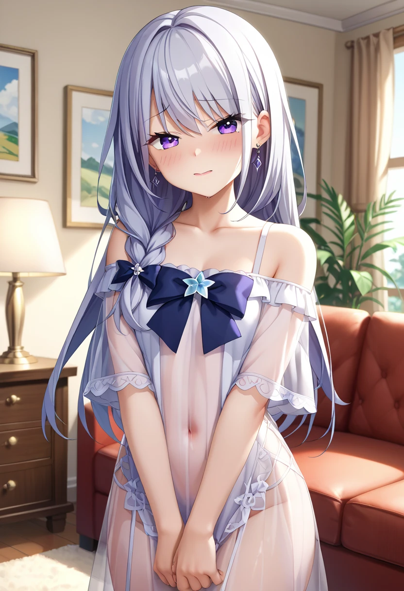 (best quality:1.1), (masterpiece:1.4), (absurdres:1.0), portrait, close-up, 10 years old, silver hair, small breast, blue eyes, long hair, wear underwear only, in the bedroom, smile,