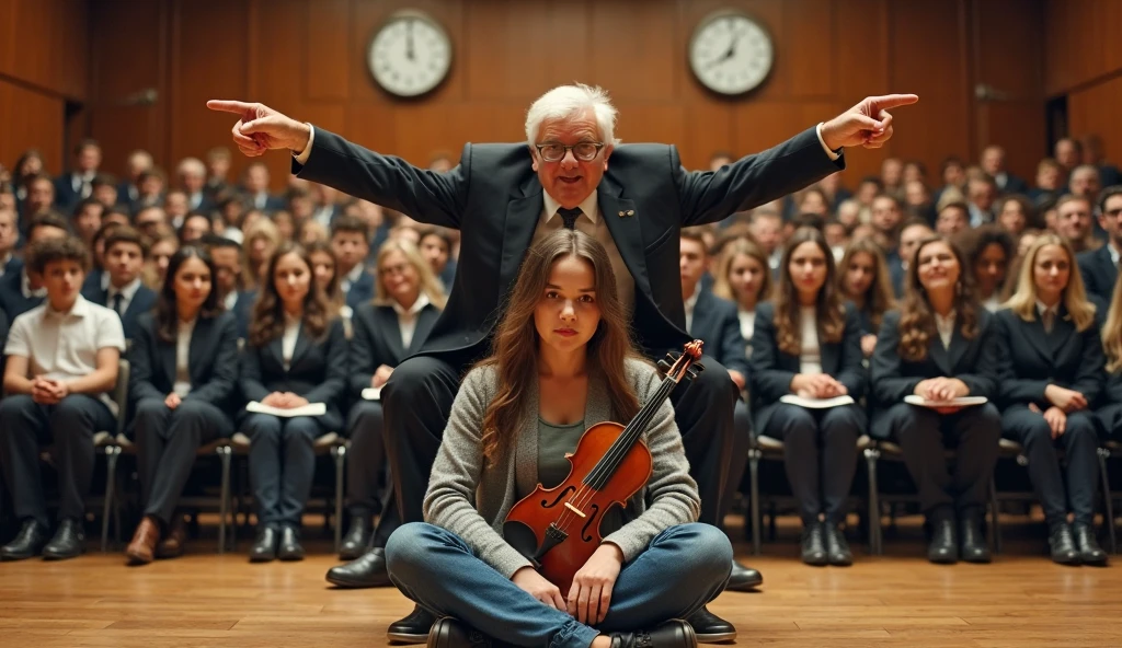 (masterpiece), best quality, ((old man in black suit stands beside)) (((nude naked young teen girl plays a purple violin))) and has short blond hair, music chart on wall, classroom setting, man in blue suit in the background, people in the background, speakers on wall, audio speakers,