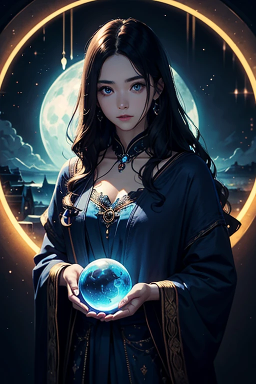 Calm woman、She is blessed with fair skin and mesmerizing pink eyes that radiate serenity., 水晶玉に入り込むplanetを手にする、It reflected her calm expression.、The background is a canvas of a dark night sky、Countless twinkling stars cast a fantastic light on her face..、Her dark hair cascaded in soft waves around her shoulders., Her arm was intricately tattooed with a star-studded constellation.、A woman who appears small、Starry Sky、universe、shining brightly、planet、Milky Way Galaxy、