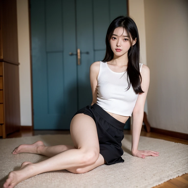One girl in the school gymnasium, partially soaked clothes, showing full body, unclear and detailed clothes, light and thin gymnastic clothes, (Delicate illustration: 1.4), (Masterpiece: 1.0), (Best quality: 1.4), (Ultra High Definition: 1.2), (Photorealism: 1.4), (8k, RAW photo: 1.2), (Soft Focus: 1.4), (18 years old: 1.3), (Sharp Focus: 1.4) , (Renaissance Art: 1.4), Detailed Beautiful Face, (Short Hair: 1.2), Mature Girl, Lace, Small Breasts, Open Legs, Eat Bananas,
