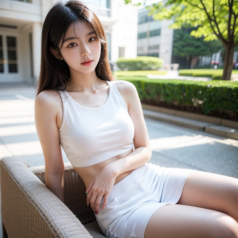 (8k, highest quality, masterpiece: 1.2), Super detailed, highest quality, ultra high resolution, professional lighting, photon mapping, radio city, Physically based rendering, cinematic lighting, Depth of the bounds written, focus on, Light of the sun, good composition, (Bokeh: 1.2), 1 girl, (whole body), smile, beautiful eyes, Pause, brown hair, short hair, coastal, skirt, Tank top, sitting on the bench,spread legs,white panties,beautiful feet,