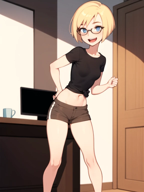 (masterpiece, best quality), 1girl, , 8 years old, baby face, small breasts, small ass, small hips, blue eyes, short ponytail hair, blonde hair, Black Crop top, Denim Very shorts, bedroom, striped thighhighs, cute face, cute makeup, glasses, ((FOCUS WEAR HIGH HEELS)) , hands on the hips, (((FOCUS WHOLE BODY VIEW))), (((FOCUS SIDE VIEW))),