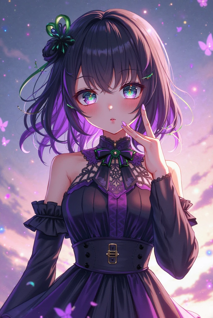 ((Brown hair)),((Braided shorthair)),((With black eyes)),Slight red tide,(gothic style costume:1.25),(Head dress:1.2),((Cute stuffed rabbits and bears are scattered around....)),(The entire space is dyed pink, Black, Purple, and white.),(Big eyes:1.5),(your eyes are shining like stars:1.2),(Cute way to sit),(sitting like a french doll),(Tilt of the neck:1.25),