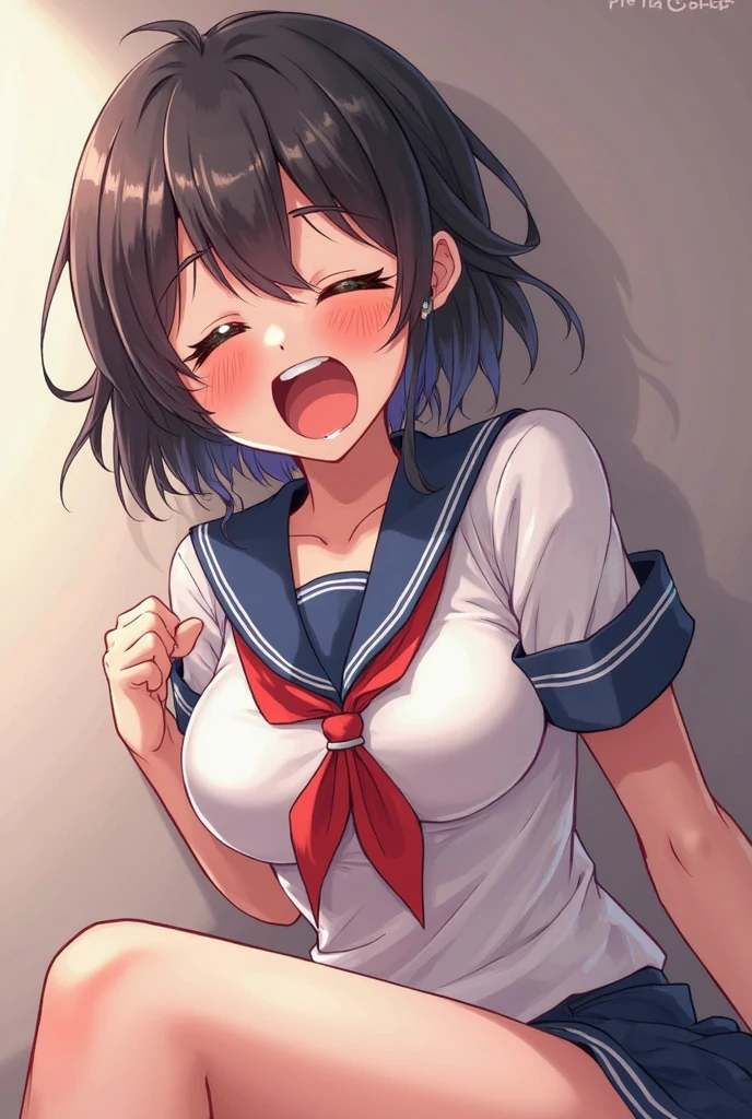 high quality, high resolution,(nsfw),(((night))),(((outdoor))),((High School)),(((one woman))),(((cute face))),(((big eyes))),(((black eyes))),(((blue hair))),(((hair between eyes))),(((handsome short hair))),(((tiny breasts:1.5))),(small areola),((sweaty skin)),
BREAK,(((show off nipple))),(((school uniform))),
BREAK,(ahegao),((excitement)),((embarrassed)),(red cheeks),
BREAK,(((model posing))),
BREAK,(((Angle from above))),(looking at viewer),focus on breasts,(cowboy shot)
