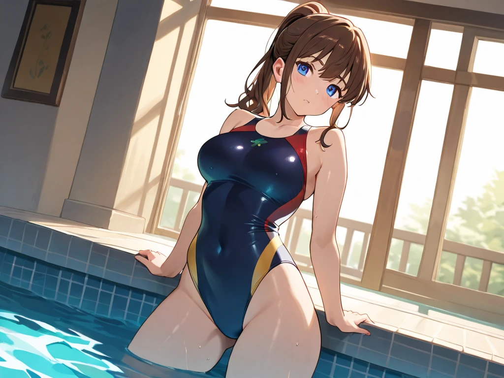 masterpiece, best quality, high definition images, atmospheric perspective, expressive eyes, perfect face, ultra detailed, solo, 1mature seductive woman in navy competition swimsuit , alluring pose, brown semi short hair, large breasts, calm smile, open mouth, sweaty, high legs, from below, in study room,