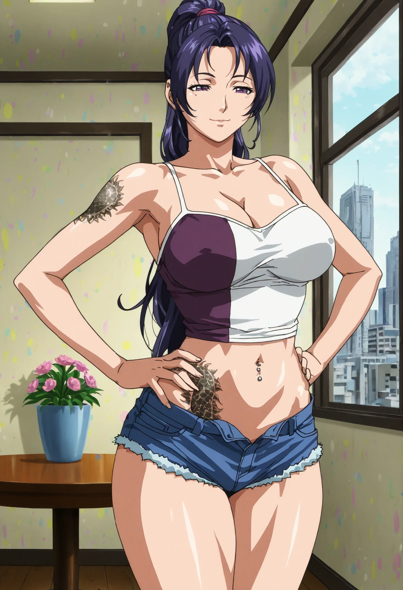 masterpiece, best quality, revy, 1girl, (((breasts))), ((bikini)), sitting, [arm tattoo], solo, highres, <lora:Revy:0.8>