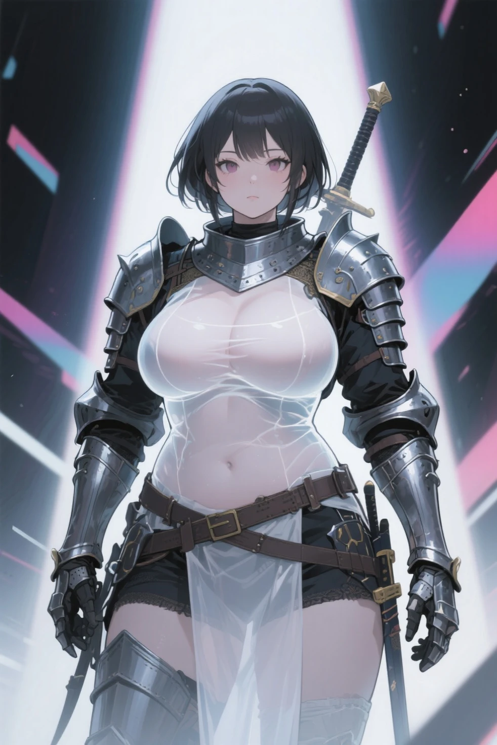 Iron bikini armor, iron crown, bare belly, big breasts, black hair, red eyes, bikini armor, iron