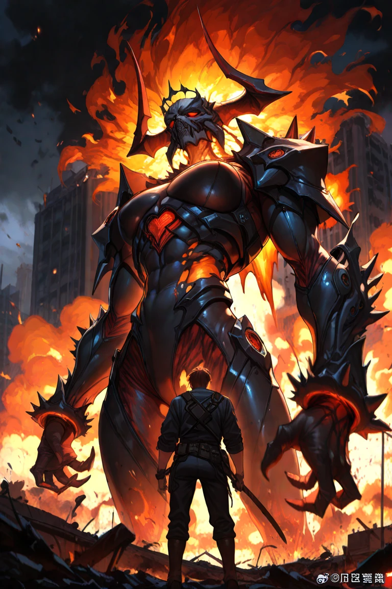 Super huge monsters，Destroy the city by wielding giant claws，Shoot down the fighter that fired，Ground forces attacking monsters，Scattered fleeing crowds，fire glow，Collapsed buildings，Cracked ground，Glass shards，Stones，rebar，
Sunlight strong，The effect of light and shadow on the face is intense，The relationship between light and dark is strengthened，Halation，high qulity，super-fine，Detailed pubic hair，Accurate，tmasterpiece，Works of masters，Best image quality，Detail portrayal is of higher quality，high detal，Ultra-high resolution，8K resolution