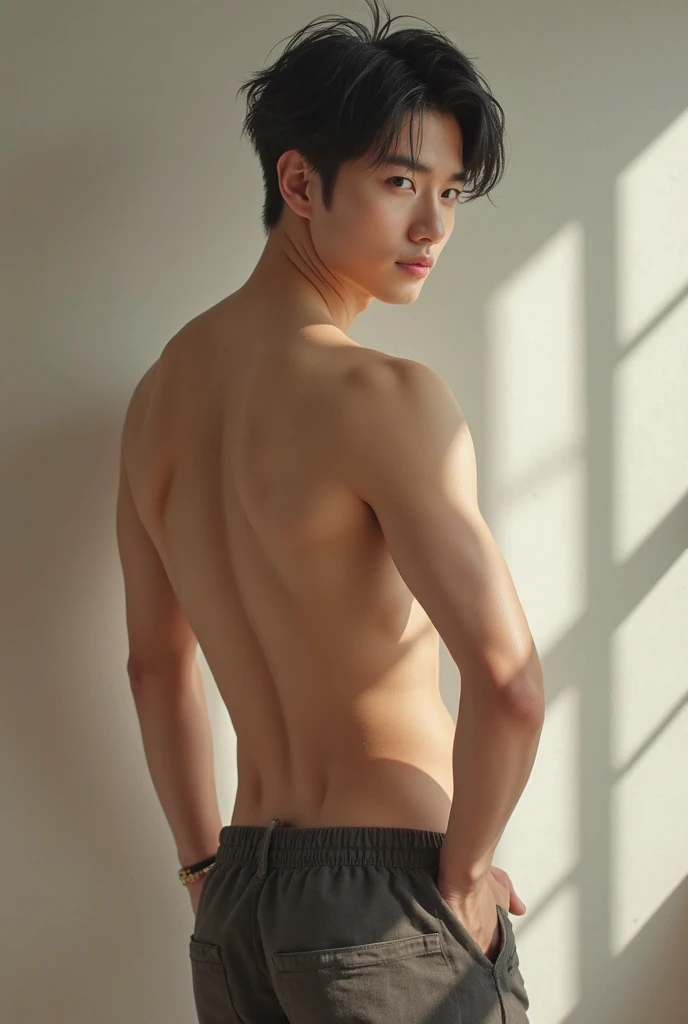 Solo, male focuasterpiece, ultra quality, high resolution, 8k, intricate: 1.2), (detailed face:1.2), handsome, Young Korean man , wearing nothing, fully naked, correct looking body , detailed skin, 1boy, ((realistic)), (Crawling on All Fours, Kneeling), on a bed,