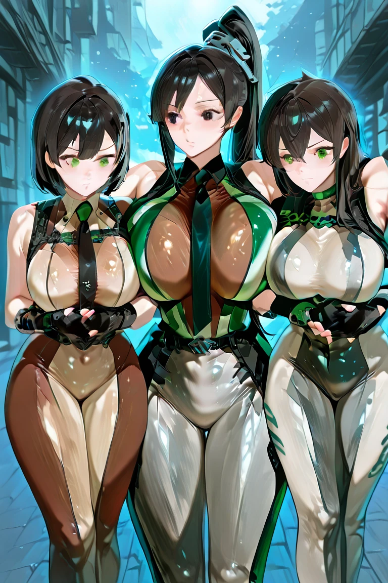 Absurdres, thick thighs, big ass, big breasts, green hair, green eyes, choker, hair over eye, long hair, low bun, green nail polish, green lipstick, mole under eye, nipples, nipples visibile thru clothing, light skin, merunyaa art style, 1 girl, thigh high, fishnets, glove, hand above chest