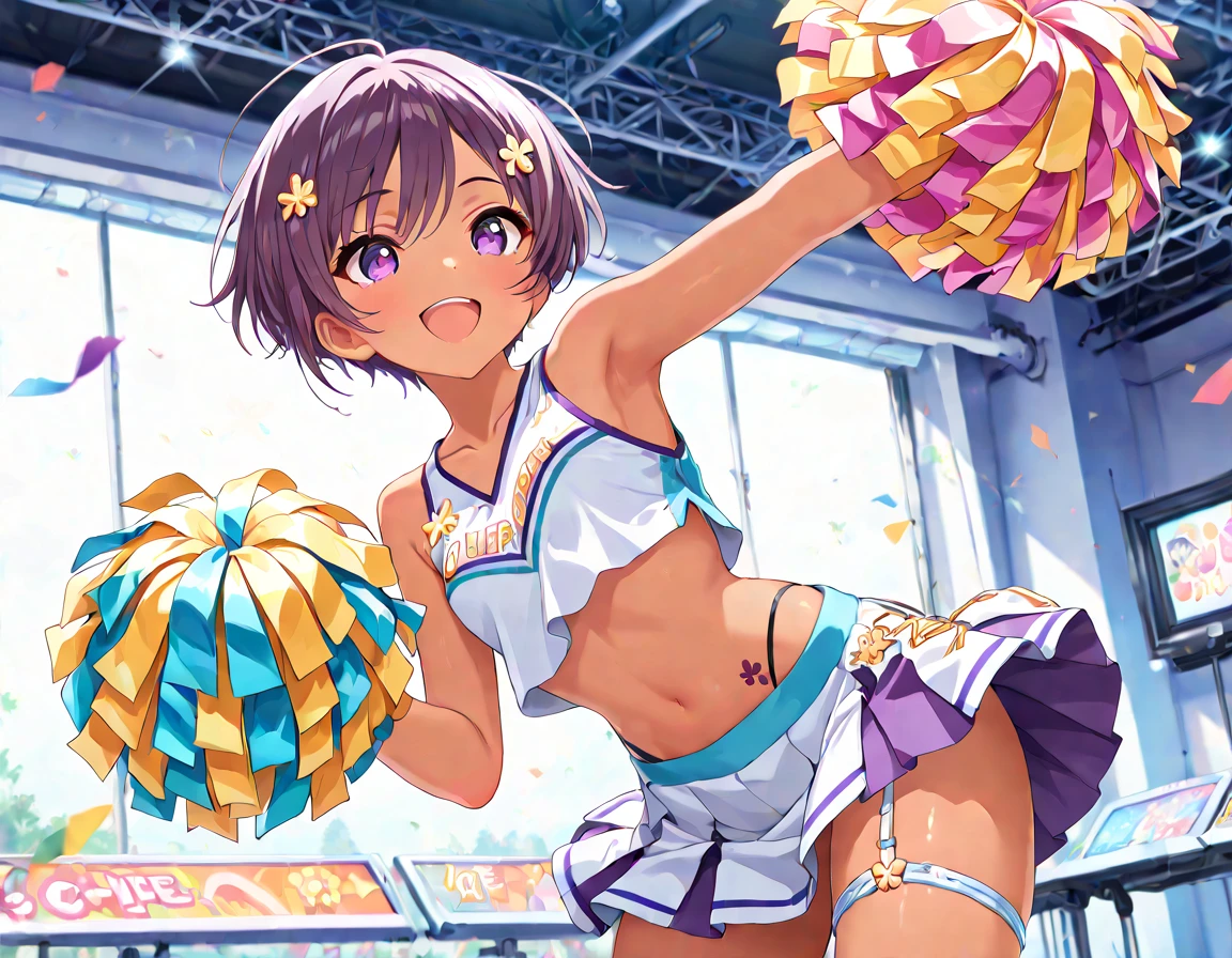 NSFW、{{{masutepiece}}}, {{{Best Quality}}}, {{Ultra-detailed}}, {{extremely delicate and beautiful}},(nffsw), (Best Quality, , 32K, masutepiece, nffsw:1.2),elementary student、a photo of a cute girl,8-year-old girl、 of the highest quality, Best Quality, Realistic, Unity, 32k wallpapers, Official art,(Childlike body),(child),(cheerleaders:1.5),{Cheerleading Costumes}、(a miniskirt)、{Show}、{Show}、(Lace pantie:1.5),(Gorgeous headphones:1.3),(Angry look:1.3),(Sweaty skin:1.5),(Juvenile body),(Unripe々Shishi Body)、Black hair,(Very short hair:1.3),,(,(Full body:1.2),{Sexy body}、(skirt lift by yourself :1.7),(Light blue pants:1.3),(light blue pantie),{pubick hairマンコ},、{Tiny transparent panties}、、(Mid summer:1.5),(Angle from below:1.5),(Spread legs),(clean legs),childishオマンコ、The shape of the pubic area is clear、rather small breasts、flat breast、{{The costume is sheer}},{},{{The pubic area is protruding}}、{{Pubic area exposed}}、{Costume with visible nipples},,{Papillae visible through clothes},{Pink papillae}、pointed papillae 、{{pointed Nipple}}、オマンコthe shape of the is clear、{Beautifulオマンコ},Beautifulオマンコ、、,{{Bold open-legged pose}}、{Vulgar poses}