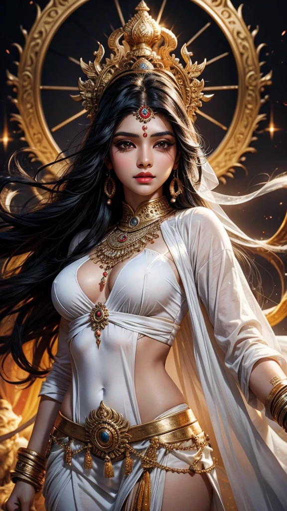 Sexy hot hindu female gods white outfit long black hair holding trishul nearly lion beautiful face HD