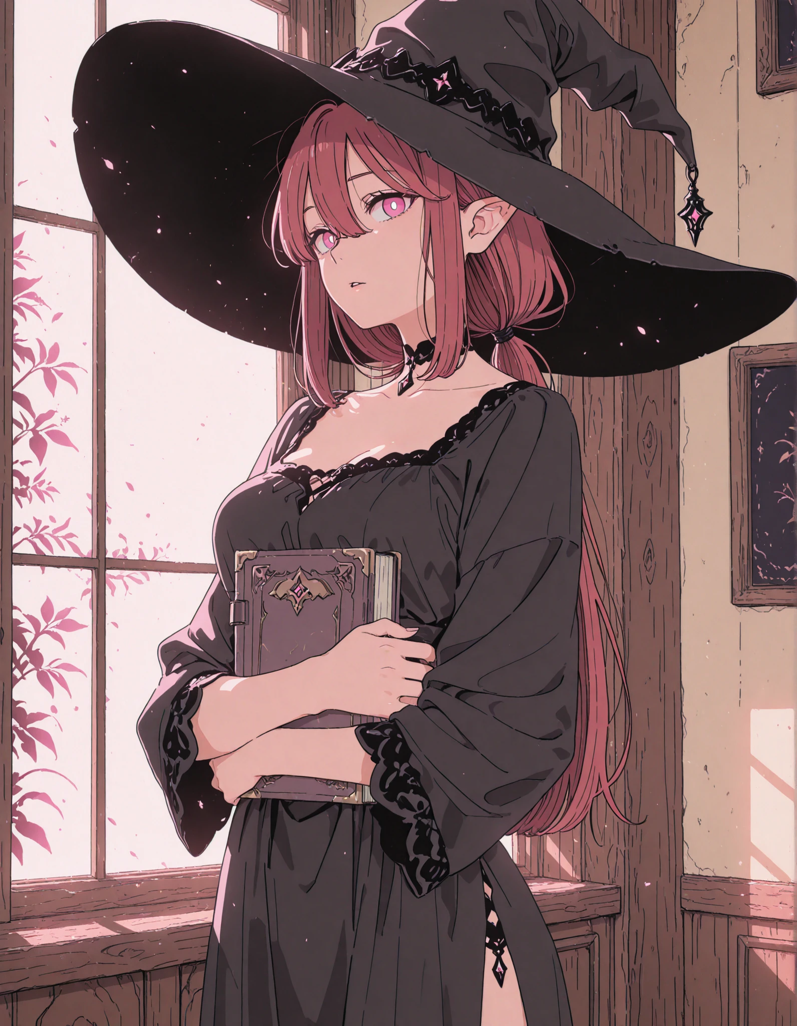 1girl, red hair, braided twintails, hair between eyes, green eyes, burn scar, burn scar on face, multiple burn scars, burn scars on body, burn scar on arm, burn scar on chest, burn scar on leg, witch hat, black dress, cleavage cutout, sleeveless dress, frilled miniskirt, red frills, red accents, reading, in library, antique bookshelf, <lora:Burn Scar Lora_epoch_9:1>,, , score_9, score_8_up, score_7_up, score_6_up, score_5_up, score_4_up,