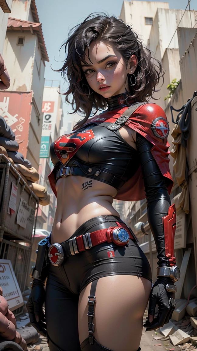 motor irreal:1.4,CG ultra realista 64K, big boobs, big tits, fotorrealista:1.4, textura de la piel:1.4, obra maestra:1.4,posing behind Hermosa mujer Usando un disfraz sexy de Supergirl, cabello rubio y rubio, ojos azules, ropa interior, traje de super cyberpunk .red Lingerie,pantyhose, caderas anchas,An apocalyptic city of fire, mostrando vientre plano,Minifalda roja, ,hermosas manos finas,