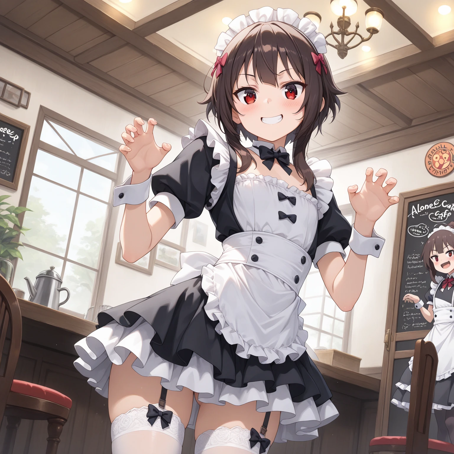 Highest quality, 1girl, solo, brown hair, brown eyes, large breasts, white top, black apron, thigh highs, thick thighs, wide hips