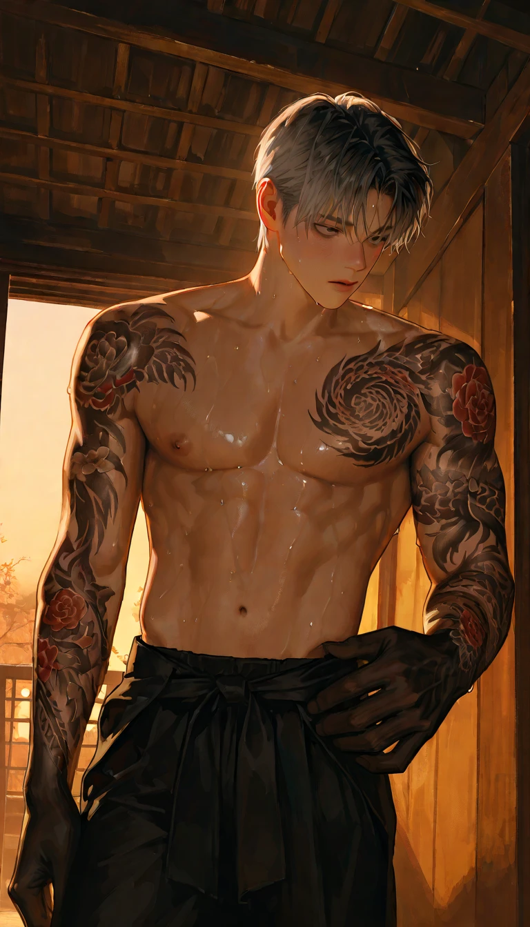 (absurdres, highres, ultra detailed, Ultra HD), a muscular handsome man, (wearing (a ruby red colour open silk shirt)), (tattooed chest: 1.2), red hair, short hairstyle, large bare chest, largest breast, extremely large pectorals, big nipples, detailed face, perfect facial features, smooth skin, beautiful, gorgeous, wet, mature, perfect eyes, sexy gaze, looking at the viewers romantically, (chest tattoos only),