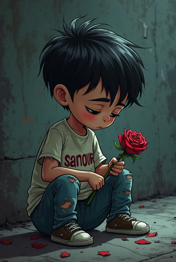 The boy has a rose in his hand and the boy is crying