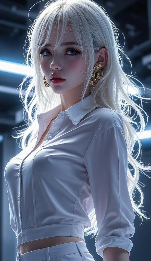 Full face portrait photo of a 25-year-old European girl, RAW, beautiful woman, half-open strawberry lips, dimples, wistful look, blue eyes (extra long wavy white hair), ((detailed face)), ((detailed facial features)), (finely detailed skin), pale skin, (deep neckline detailed high-tech cyberpunk dress), cyberpunk megacity environment, (cold colors), damp, damp, reflections, (masterpiece) (perfect aspect ratio)(realistic photo)(best quality) (detailed) shot on a Canon EOS R5, 50mm lens, F/2.8, HDR, (8k) (wallpaper) (cinematic lighting) (dramatic lighting) (sharp focus) (intricate), RAW photo, RAW photo, gigachad photo, posing for camera, black jeans, back arms, 8k uhd, dslr, high quality, film grain, Fujifilm XT3