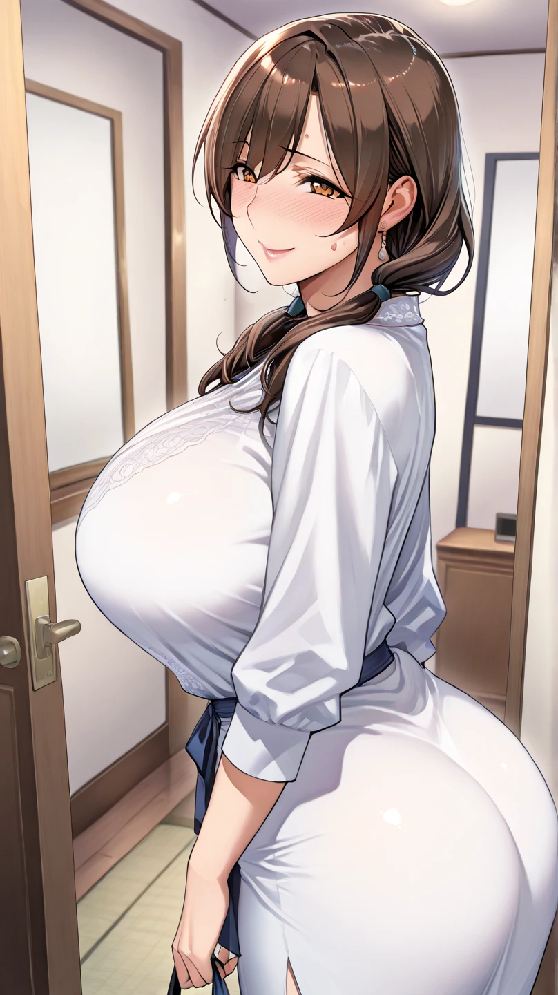 perfect face, atago, black hair, long hair, brown eyes, animal ears, ((dark background)), facing forward, cowboy shot, lust smile, in the center, giant breasts, ((on her knees)), hands on hips, ((white yukata)), cleavage, ((giving boob job))