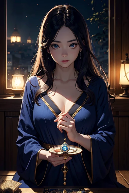 Masterpiece, Best Quality, (((Solo mature woman Janet))), (((black hair))), long braided Ponytail, (((wide hips))), (((light blue eyes))), full lips, seductive smile, cleavage, sitting on wooden throne, (((bookshelves, candles))) sunset, blushing, , "beautiful mature face" , age30 , MILF , adult ((open kimono with detailed patterns of gold)), bare shoulder, ((Sexual suggestiveness)), perfect beautiful eyes, detailed eyes. thick lips, ((small boobs)), top down, looking down, (((shiny skin))), (((crystal Ball))