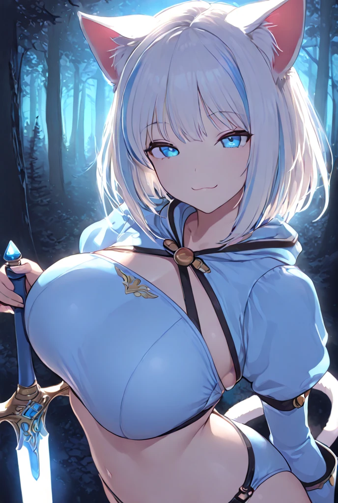 ((Colossal breasts)) Big breasts Boobs Cleavage (glowing blue eyes) Blonde Flower hair ornament White skin Long hair (blush Fear face) Adventurer Swordsman Isekai Forest ((xenosexual)) (doggy style)