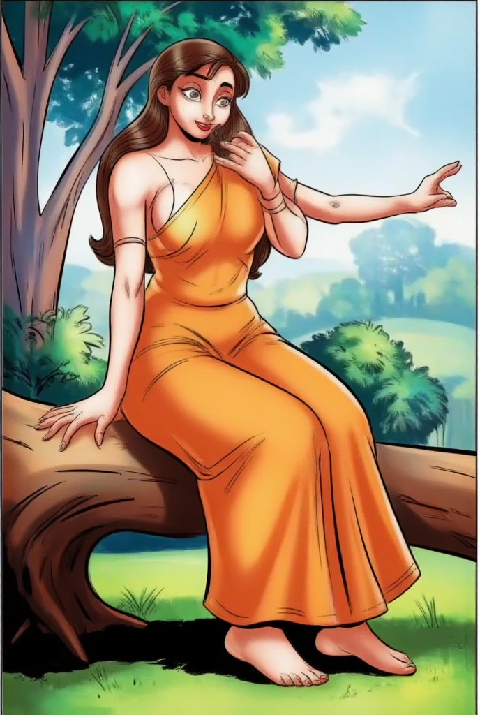 "A traditional Manimala-style painting of a graceful South Indian village woman in a bright orange saree, sitting relaxed on the thick branch of a large tree in a lush green meadow. She has long black flowing hair, bare feet, and a joyful, serene expression on her face as she gently touches her hair and smiles. The background features softly painted tall trees, distant greenery, and a dreamy blue sky with scattered clouds, evoking a peaceful rural setting. Her saree flows naturally with elegant folds, capturing the classic charm and poetic mood of 1970s Tamil magazine illustrations."
