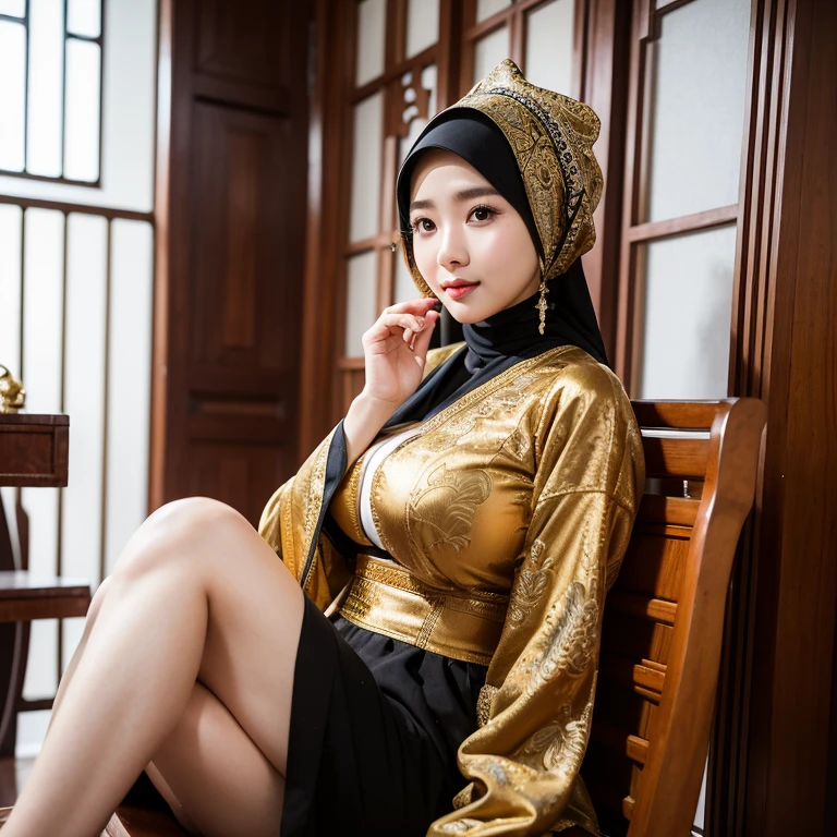 Beautiful chinese woman wearing a hijab, black wedding dress, cleavage, tiara, sitting on a thrown 