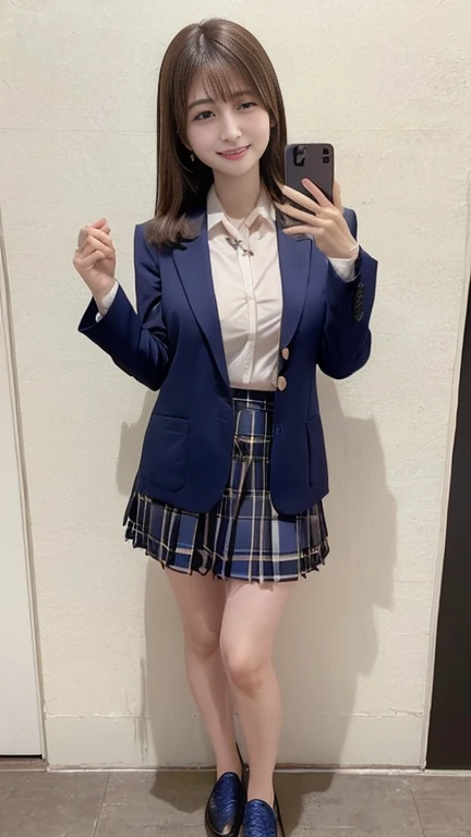 (8k), (highest quality: 1.2), (Realistic), (Realistic: 1.37), Ultra-high resolution, 1 girl, cute, smile, Mouth closed, Beautiful details, Beautiful Nose, whole body, Wet Hair, Giant Dulcefo, pork, Thighs,Selfie,Navel exposed,University Student Uniform,A simple blazer,Pleated skirt,Platform boots,Are standing, natural pantyhose