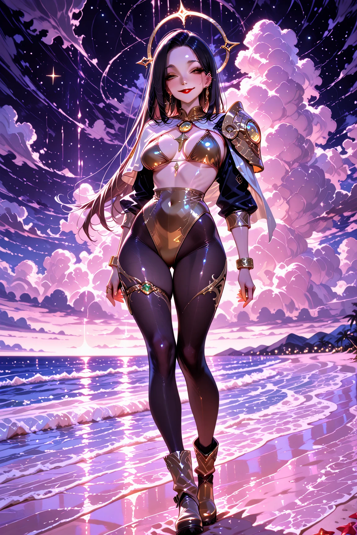 1 women ,flying in the sky , touching herself, with a lockaround her neck , shy face, black hair, stoppes corset , big naked  , its warm , realy well details, full body view, curvy ass, dark background, hight boots , black 3/4 tights, creol earrings , in the galaxie with 1 sun , earth in background 