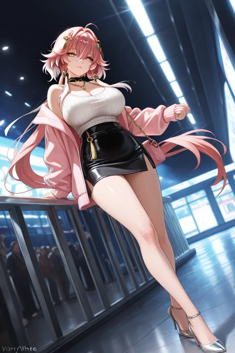 (tmasterpiece,top-quality,best qualityer,offcial art,Beauty and aesthetics:1.2),(1girll:1.5),extremy detailed,(s fractal art:1.3),rich colourful,highest details,s the perfect face,sitting on steps, standing, hdr,(DOA:1.3), skirt,Small top,(light stre),striking visual effects,dynamic streaks,Luminous trajectory,vivd colour,Bare legged,Small leather shoes,White cotton socks,There is lace on the socks, Perfect leg shape, ((leg ring)), Solo , Looks sweet, light pink colored hair, smile, looking ar viewer, (Lace socks:1.2), JK, Lace, Single horsetail, hair splayed out, Cortical leg ring, Lace leg ring, almost reveal panties, Expose half of the breast, Unbuttoned to expose the breasts, A small skirt to the knee, One hand lifted the skirt to reveal part of the panties