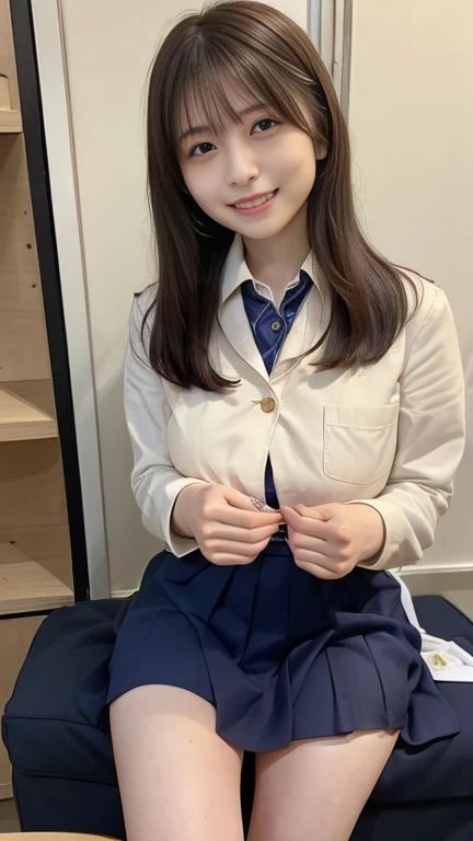 Top Quality, Photorealistic, 8K, High Definition, 1 Girl, Female, (1.8), School, Schoolgirl, Blazer, Uniform, Pubic hair visible, No panties, Skirt boldly pulled up, ((Sit in chair and legs wide open)), Bend your knees and open your legs, Slightly shorter hairstyle, Grab your knees with your hands to open your legs, Buttoned shirt flutters