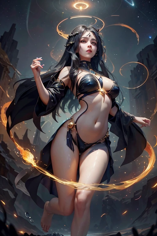 Beauty with straight black hair and dark skin,Close eyes,persian clothing,cleavage,thong,Transparent long skirt,,barefoot,valley