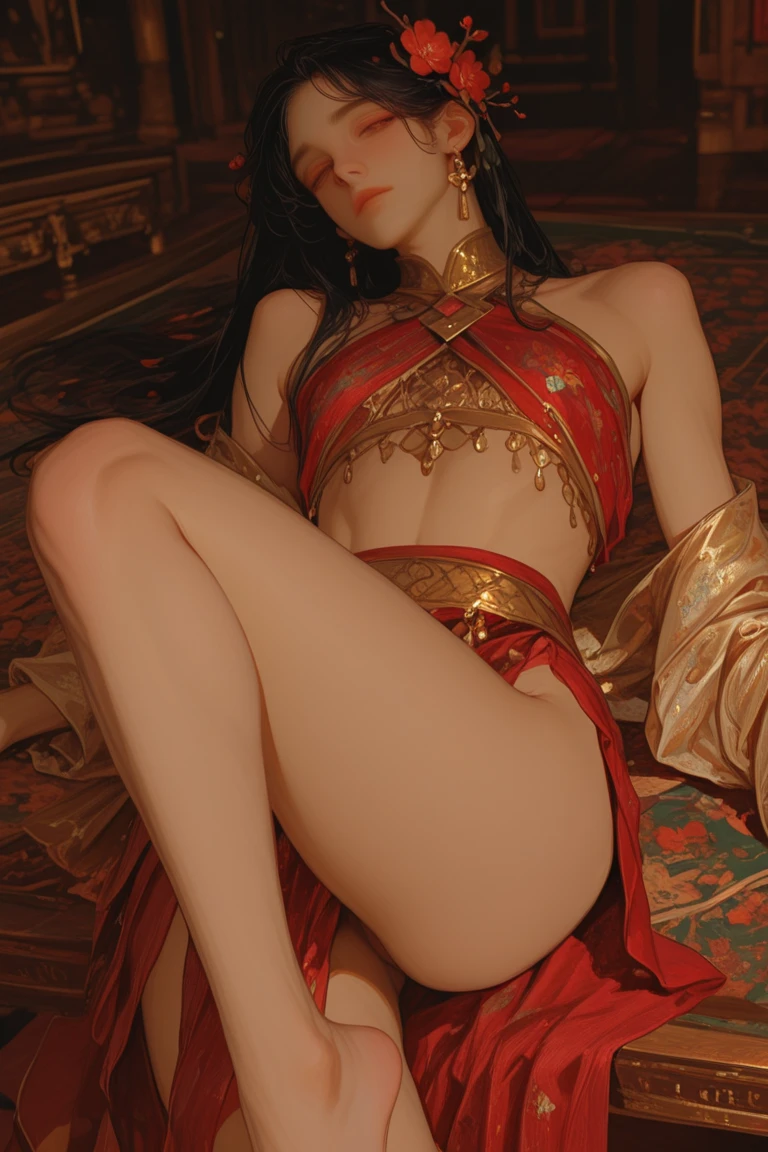 extremely detailed CG unity 8k, Highly detailed, photorealistic, high resolution, 2 girl,on bed, solo, hips up, beautiful eyes, long hair, deep-off-shoulder warm red wedding hanfu with crown and crystal ornaments, Chinese Huadian, gorgeous accessories, wearing pearl earring, NSFW, showing breasts, sexy, transparent clothes, floral background, showing belly, seducing