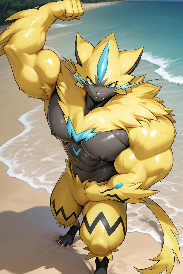 nj5 fur, (Zeraora, Large scale, Huge), Zeraora, ((Extremely realistic shadows, masterpiece, Very detailed, Realistic)), kemono, Zeraora, ((Detailed face)) Green Eyes, ((Fine grain)), Mischievous Smile, scale, wears a a tiny thong revealing Huge muscular thighs; Sexy cumshot🔞, Beach, Day, sun rays, sun, cloud, 2 meters tall, Optimal Height, Tight clothing, Muscular body; Pectoral muscle, Toned Abs, V-shaped body, Thick waist, Long legs, Strong arms, manly, Handsome face, Attractive, cool and calm face type、With a cold smile, Bodybuilder's body, topless.