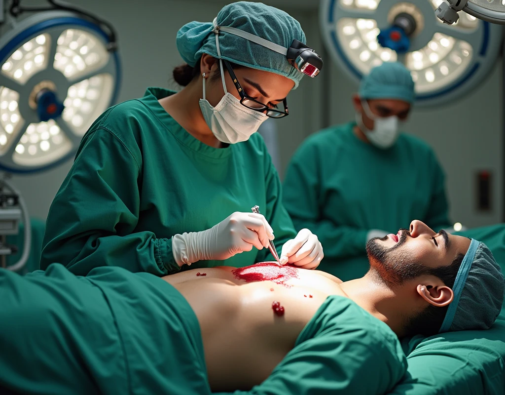Katrina Kaif as surgeon, wearing green scrubs, wearing surgical mask and skull cap, wearing surgical glasses, performing heart bypass surgery on male patient, in operation theatre, fullbody view, top down view, cutting the chest with scalpel,