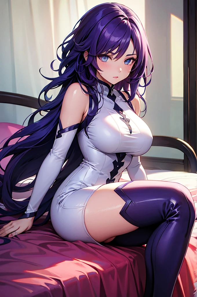 top-quality、tmasterpiece、Very high resolution、super high image quality、High-quality pixels)、perfect eyes, perfect face, perfect body figure,solo,8K, large breast,(Detailed description of hair), (Detailed description of face),(Detailed description of body), fair and clear skin, matchless beauty, long legged, purple hair details expressed, The details have been upgraded,opaque grey eyeball color, side bangs, bunny girl costume, real purple rabbit ears, purple bunny tail, pantyhose,ssmile,makeup