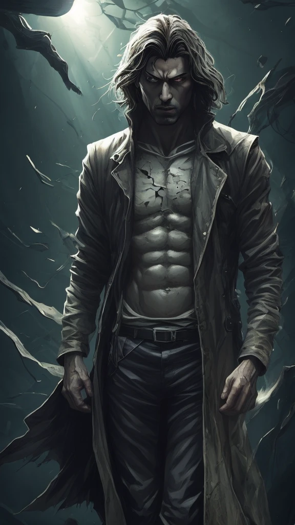 Photorealistic, ((best quality)), ((masterpiece)), (detailed), Grim Reaper, masculine portrait of Death, personification of Death, (open black cloak:1.4), (evil look:1.2), (super pale skin:1.9) clutching a scythe, 18-year-old male model, handsome, tall, cute looking, evil look, dark look powerful, young male model, handsome mythical creature, super strong, muscular, fit, massive muscles, six pack, clean shave, white eyes. short wavy messy black hair, short messy hair, messy wavy hair, shirtless, barechested, muscle, ripped, strong body, fit body, ancient linen Greek small skirt, (antique black linen }raped cloth skirt:1.3) (Dark background:) 8k, high detailed, ultra-detailed, Stylish Pose, real skin texture, dark cinematic lighting, (night cemetery:1.4), stone graves in the background
