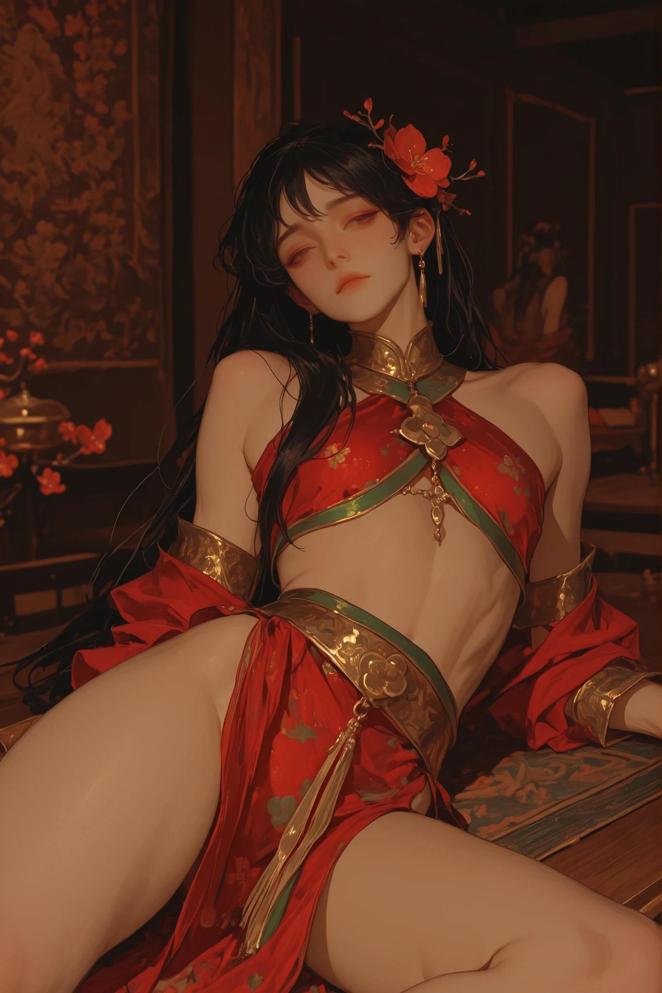 Best Quality, masutepiece, ultra-detailhigh-resolution, (Realistic: 1.4), Watercolor style, Illustration, Dazzling background color,, Skinny Girl, (solo exhibition: 1.2), (lens: 1.2), (Hair crown: 1.2), (dark brown hair,traditional chinese dunhuang room,dunhuang''gowns have been released, No strap, (Red Eyeliner: 1.2), (: 1.4), (Accurate Hand Modeling),earrings, Dynamic Angle, Opera House, Messy_long_hair, inky, movie lights, lens_f lare,chrysanthemums, bow ribbon,relaxed on bed,crotch open,Naked,Writhing in bed,Leaning back,Open mouth,urinate,barechested,Nothing is worn