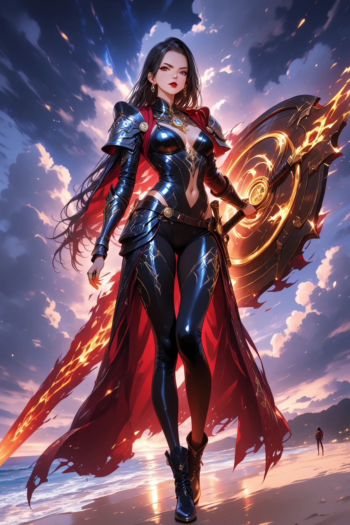 (masterpiece, best_quality, ultra-detailed, immaculate:1.3), epic, illustration, welcoming, 1girl, artist, sunset hair, pointy hair, abstract background, (full body:1.3), [:outlandish costume design:0.2]<lyco:EnvyFantasyMix01:0.8>