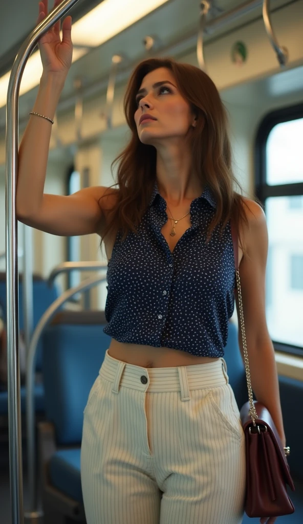 Italian girl 25 years old, beautiful, wonderful, sitting cross-legged, on the train in Paris, alone, 1 girl, real, very high resolution, 16k, sexy short jean shorts, luxury, fabulous body, gorgeous model, blouse, red lipstick , sensual, sexy, earrings, open blouse, beautiful smile, teeth, while laughing